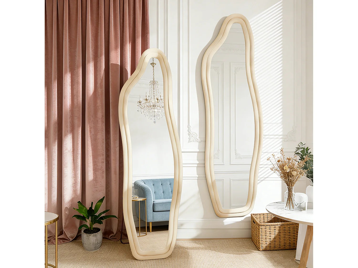 Miroir organique en tissu Velours de cristal, Miroir sur pied, monté au mur, Miroir debout 140x45 cm, Verre trempé haute définition, doré