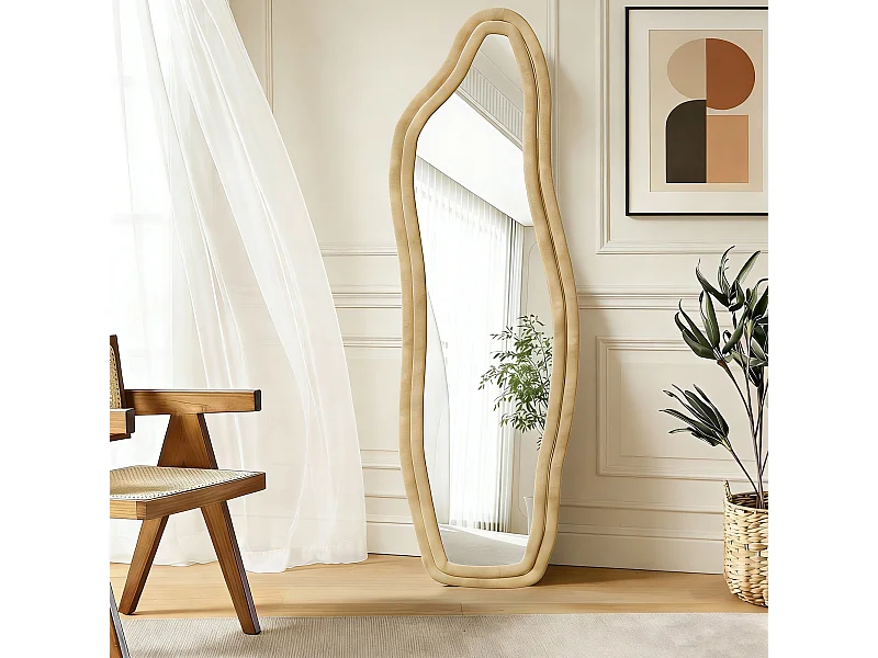 Miroir organique en tissu Velours de cristal, Miroir sur pied, monté au mur, Miroir debout 140x45 cm, Verre trempé haute définition, doré