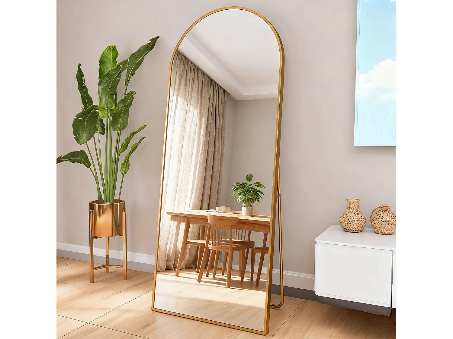 Grand miroir arche - Miroir sur pied et mural - verre trempé anti-explosion - 60L x 165H cm - alliage d'aluminium - doré