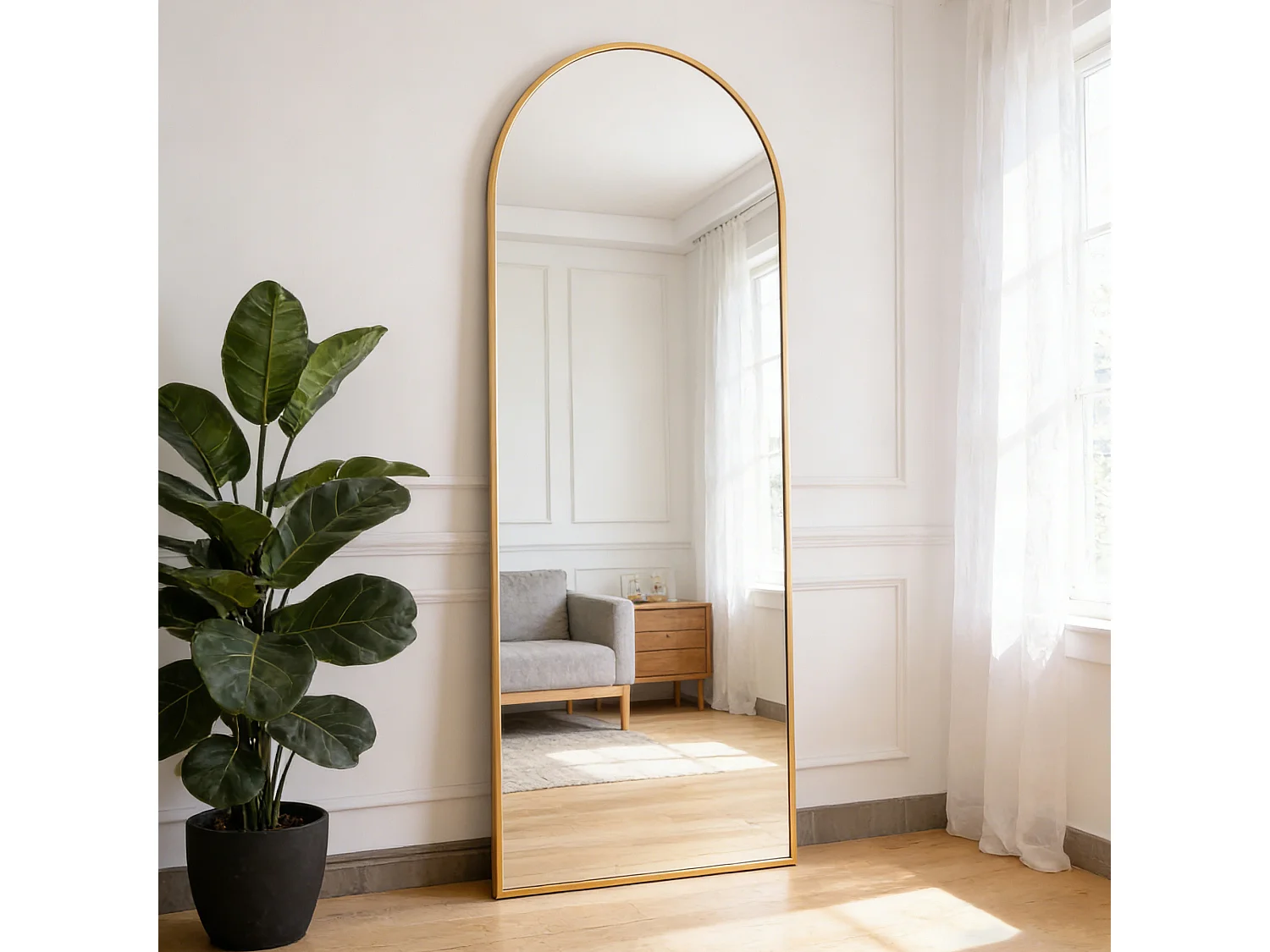 Grand miroir arche - Miroir sur pied et mural - verre trempé anti-explosion - 60L x 165H cm - alliage d'aluminium - doré