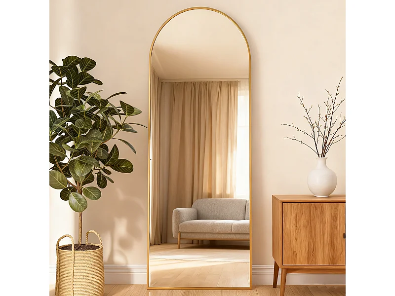 Grand miroir arche - Miroir sur pied et mural - verre trempé anti-explosion - 60L x 165H cm - alliage d'aluminium - doré