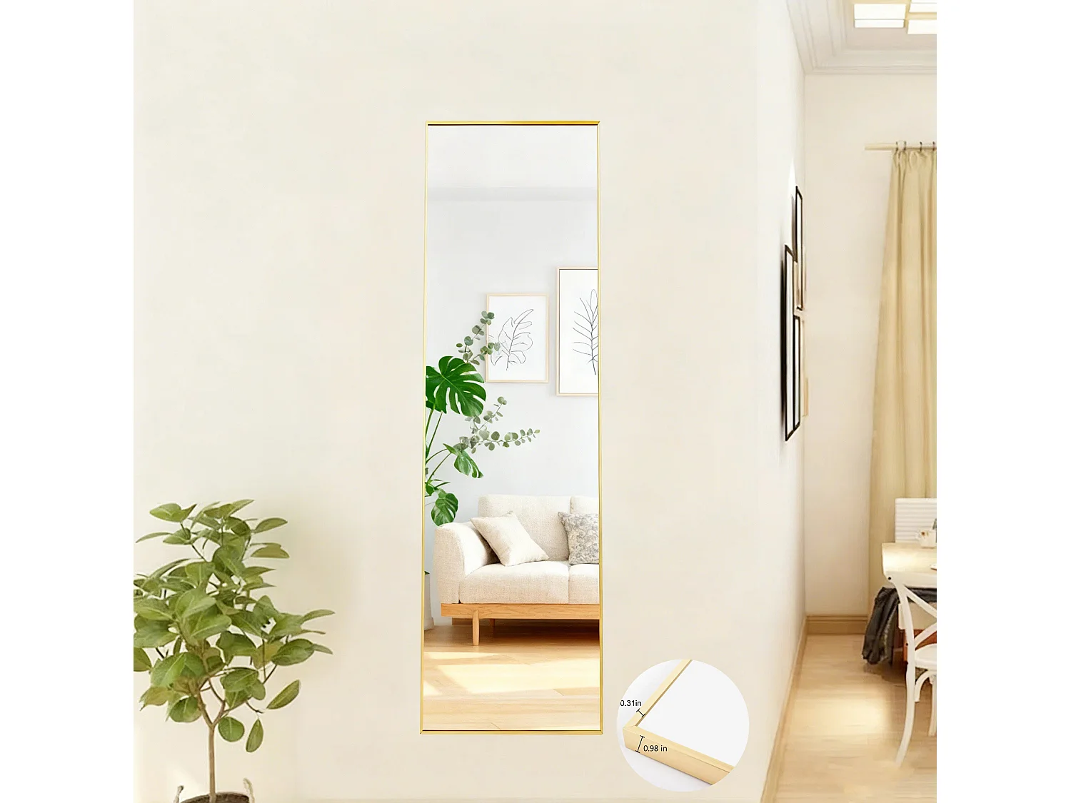 Miroir sur pied 150 x 40 cm, miroir pleine longueur rectangulaire, cadre en aluminium doré pour chambre et dressing
