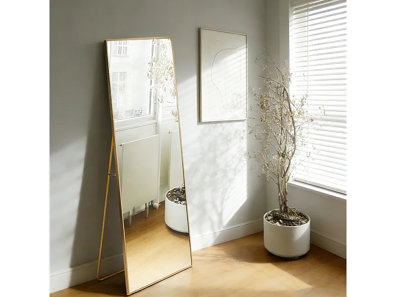 Miroir sur pied et mural - Rectangulaire Pleine Longueur - verre trempé anti-explosion - 40L x 150H cm - alliage d'aluminium - doré