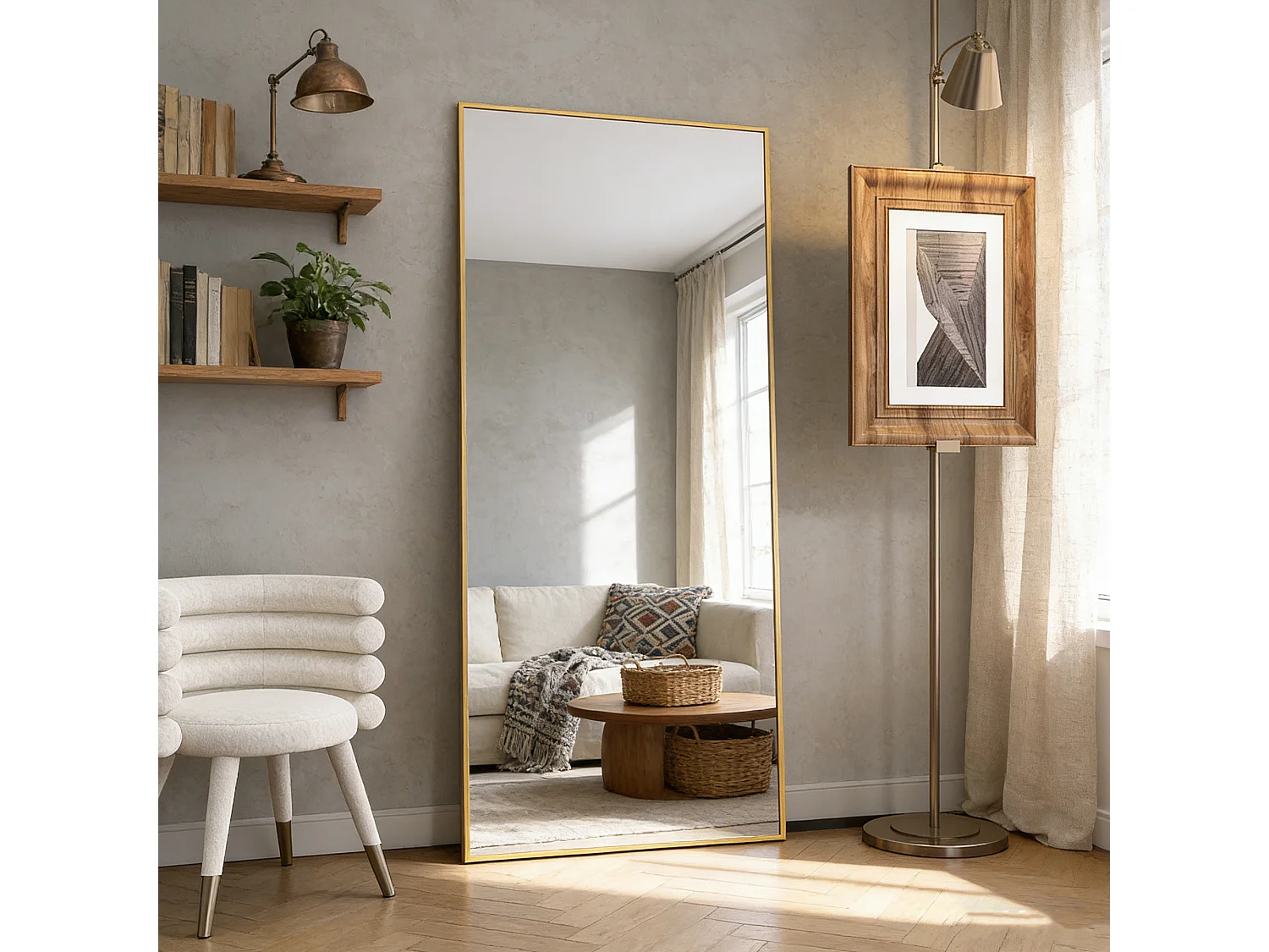 Grand miroir sur pied et mural, rectangulaire plein corps en verre trempé, Miroir Plein Corps Polyvalent pour salon et à la chambre, 80Lx180H cm, doré