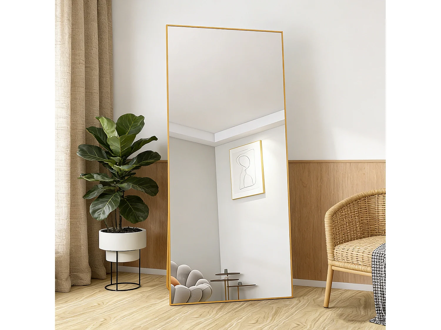 Grand miroir sur pied et mural, rectangulaire plein corps en verre trempé, Miroir Plein Corps Polyvalent pour salon et à la chambre, 80Lx180H cm, doré