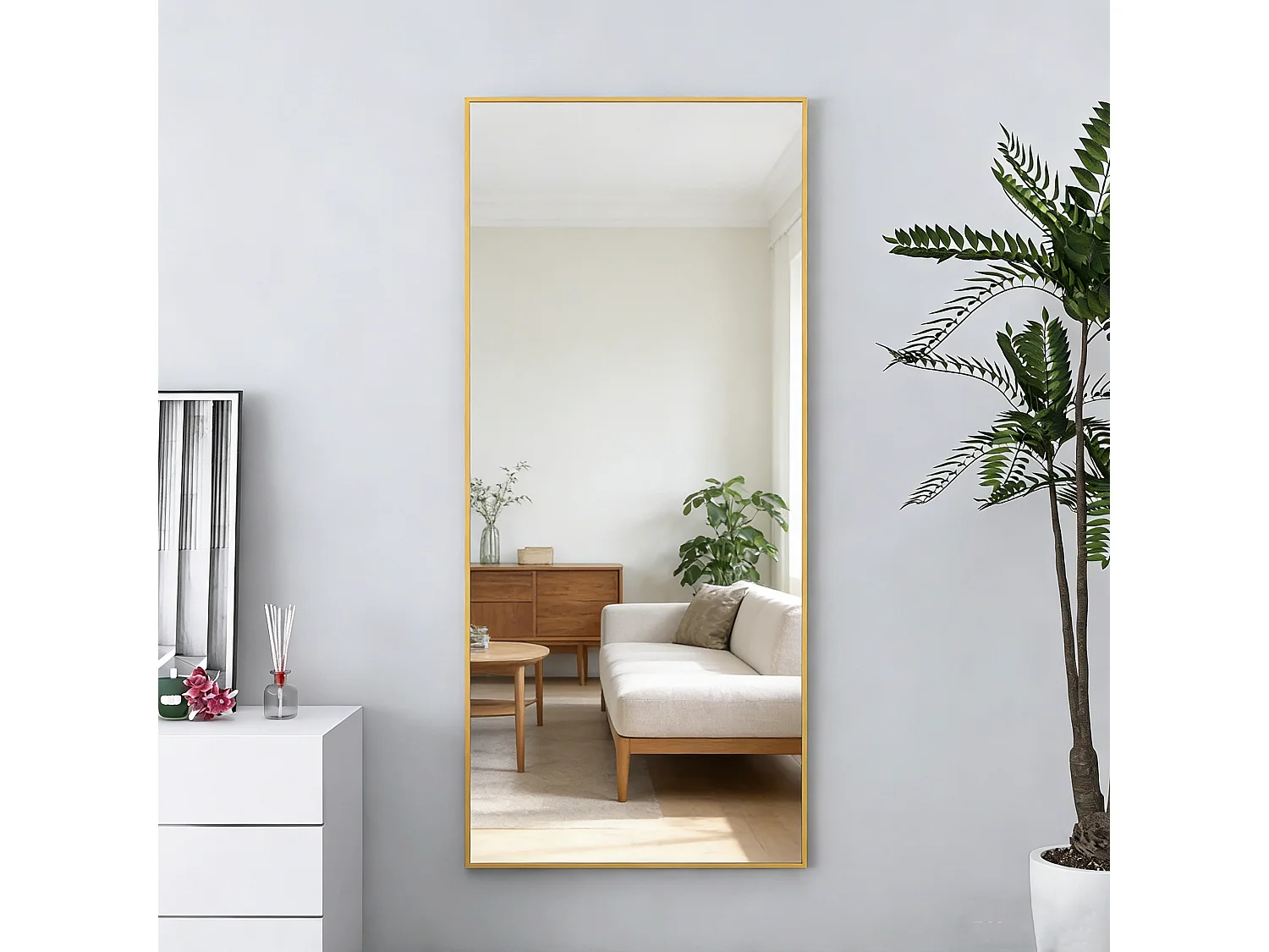 Grand miroir sur pied et mural, rectangulaire plein corps en verre trempé, Miroir Plein Corps Polyvalent pour salon et à la chambre, 80Lx180H cm, doré