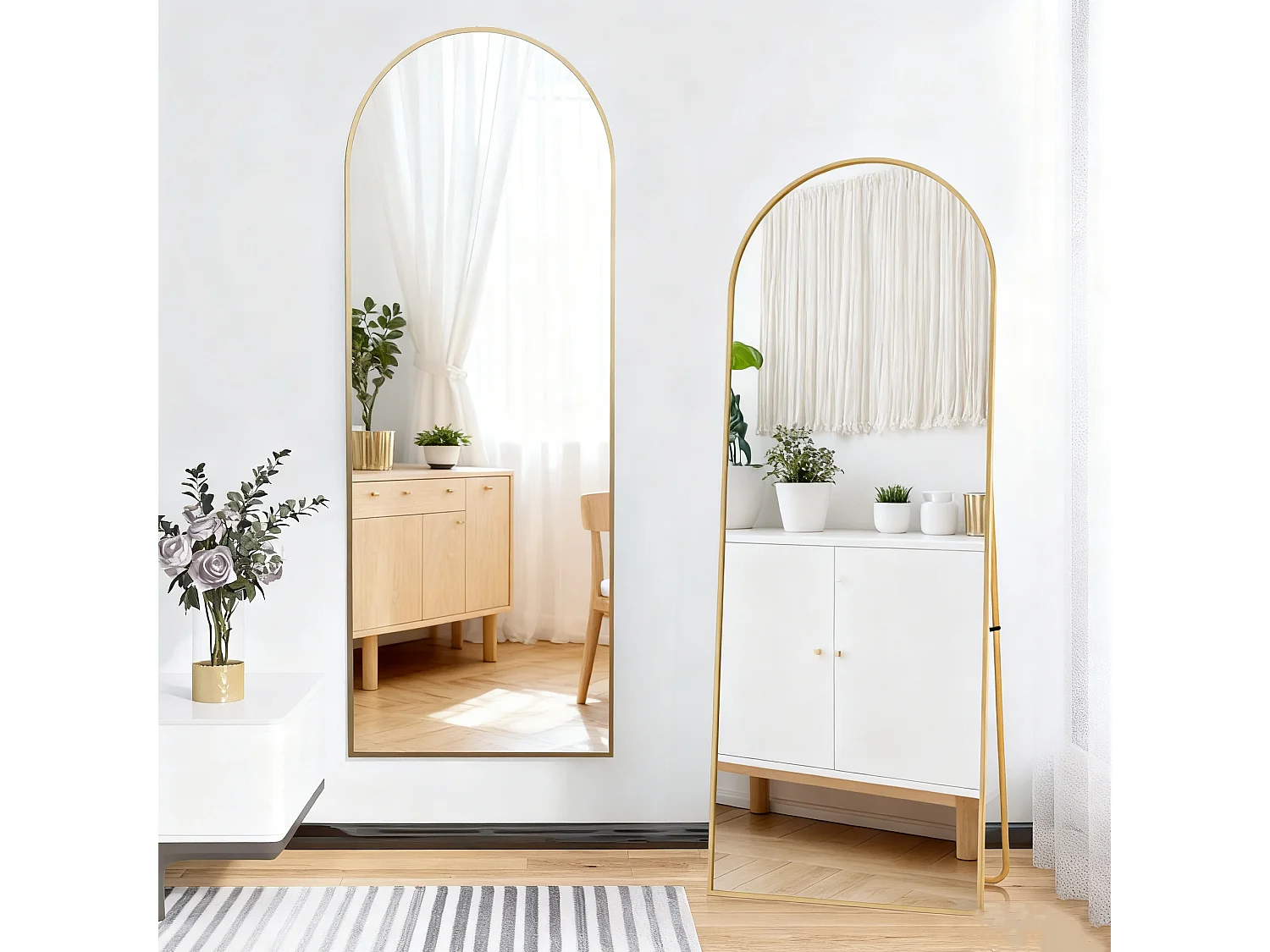 Miroir arqué pleine longueur, 173x77 cm, Miroir sur pied, monté au mur, support en forme de U, Verre trempé haute définition, doré