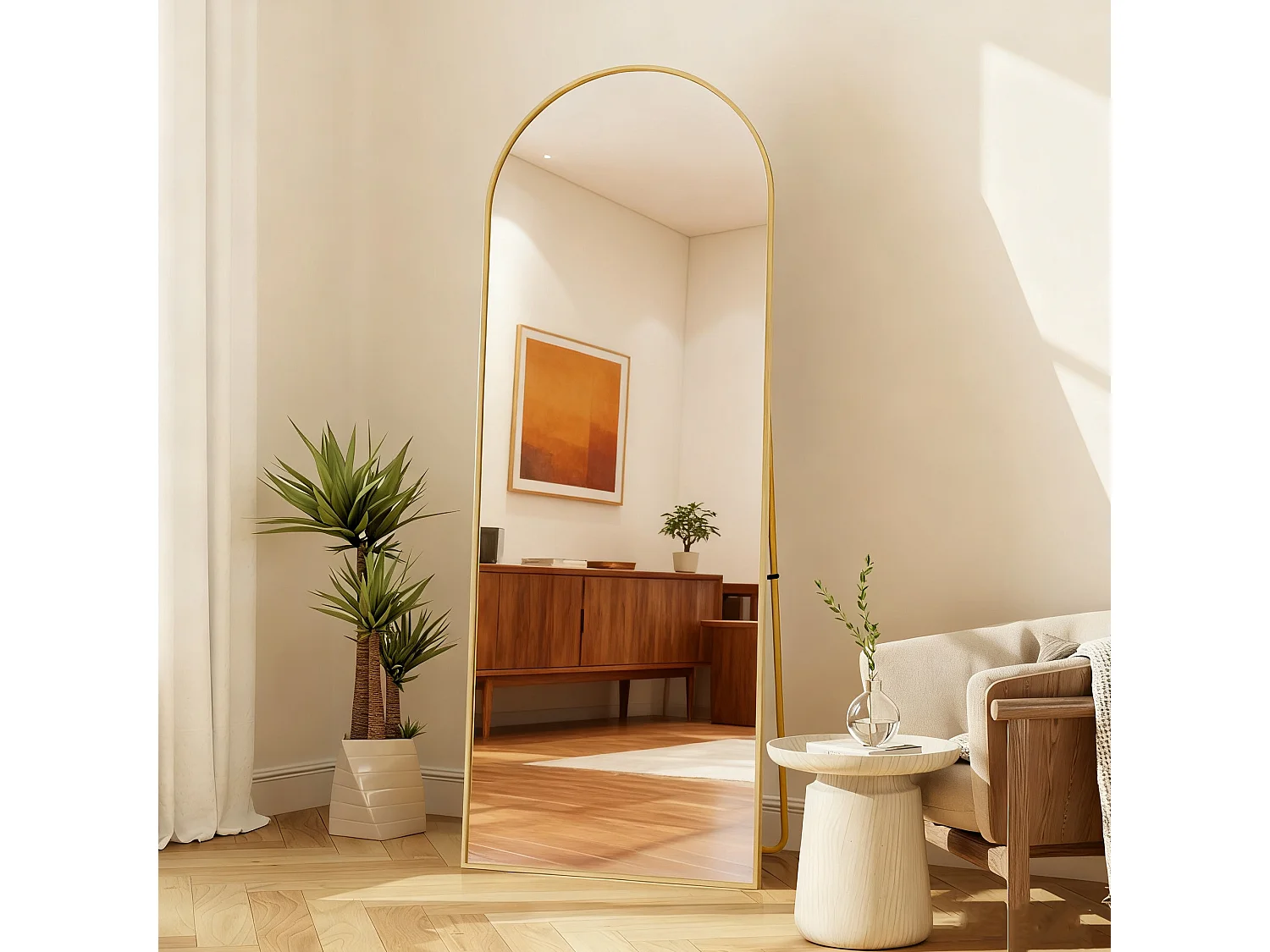 Miroir arqué pleine longueur, 173x63 cm, Miroir sur pied, monté au mur, support en forme de U, Verre trempé haute définition, doré