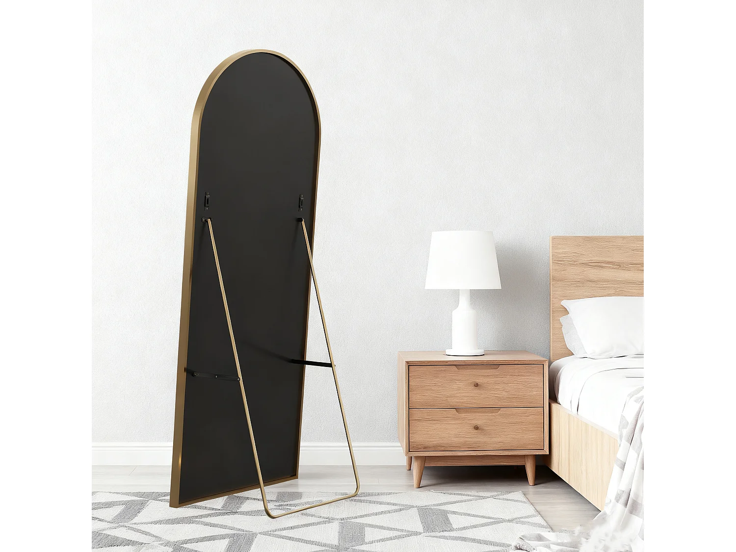 Miroir arqué pleine longueur, 173x63 cm, Miroir sur pied, monté au mur, support en forme de U, Verre trempé haute définition, doré