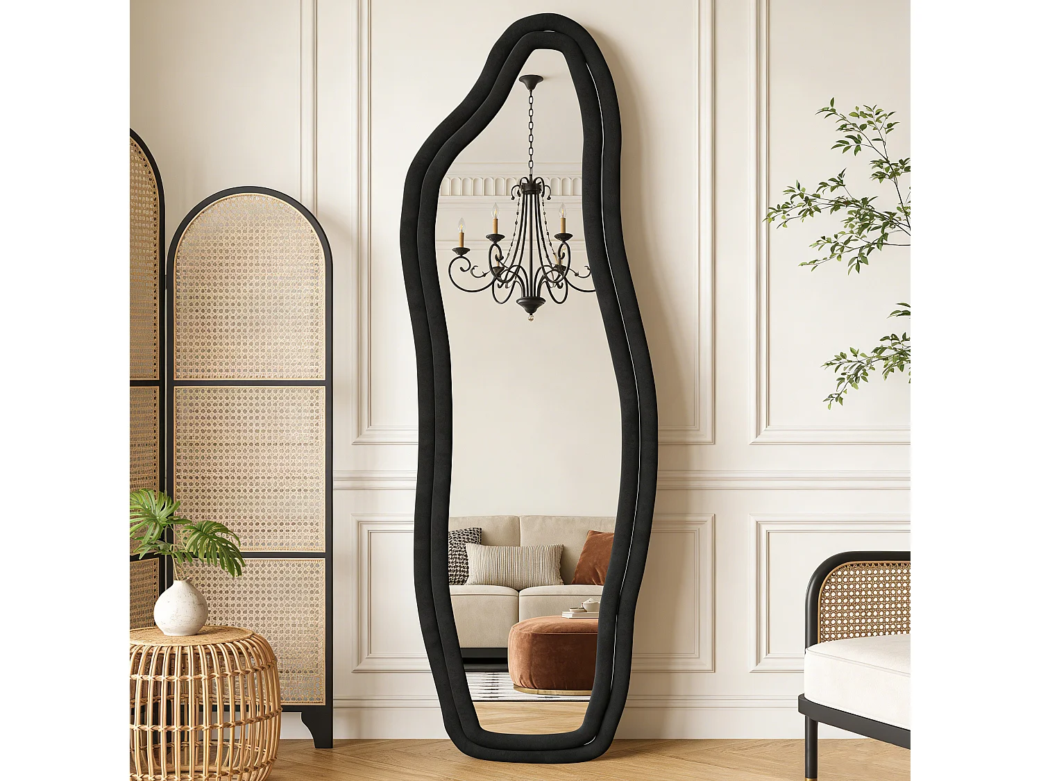 Miroir organique en tissu Velours de cristal, Miroir sur pied, monté au mur, grand miroir debout 160x50 cm, Verre trempé haute définition, Noir