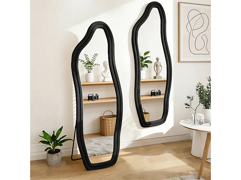 Miroir organique en tissu Velours de cristal, Miroir sur pied, monté au mur, grand miroir debout 160x50 cm, Verre trempé haute définition, Noir