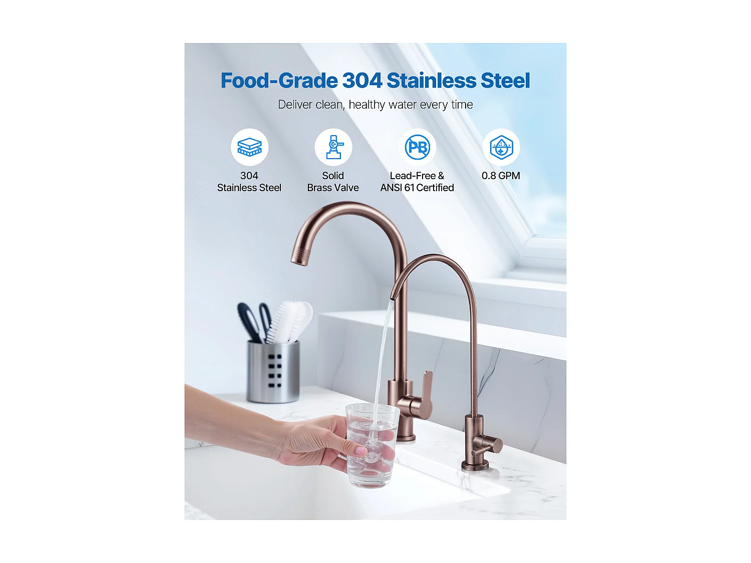 Drinkwaterkraan SucceBuy Loodvrij in Rvs, Omgekeerde Osmose Kraan met Ventiel uit Massief Messing, Roestvrij en Duurzaam, voor Keuken