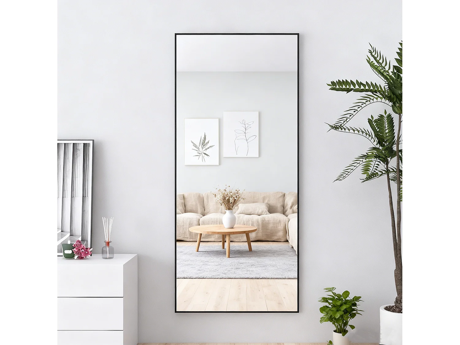 Grand miroir sur pied et mural, rectangulaire plein corps en verre trempé, Miroir Plein Corps Polyvalent pour salon et à la chambre, 80Lx180H cm, noir