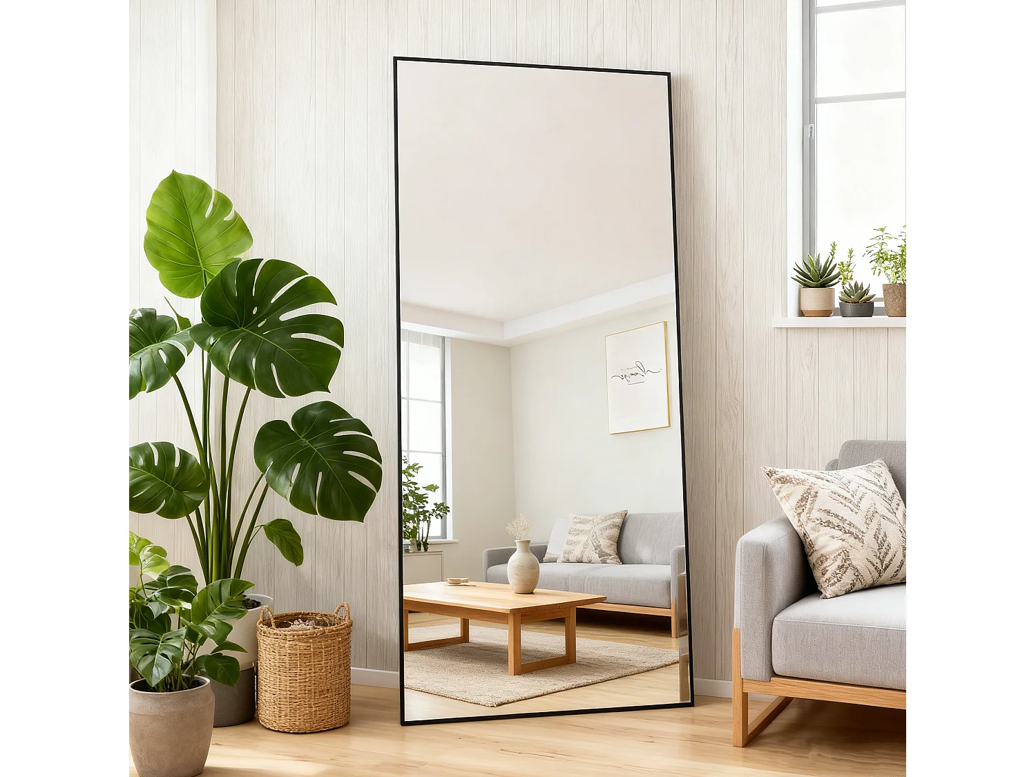 Grand miroir sur pied et mural, rectangulaire plein corps en verre trempé, Miroir Plein Corps Polyvalent pour salon et à la chambre, 80Lx180H cm, noir