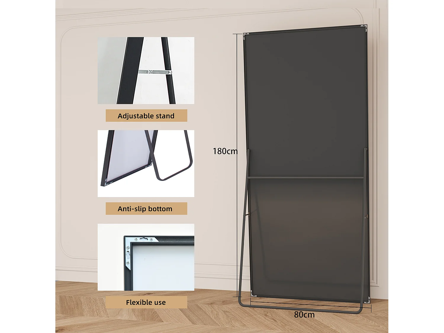 Grand miroir sur pied et mural, rectangulaire plein corps en verre trempé, Miroir Plein Corps Polyvalent pour salon et à la chambre, 80Lx180H cm, noir