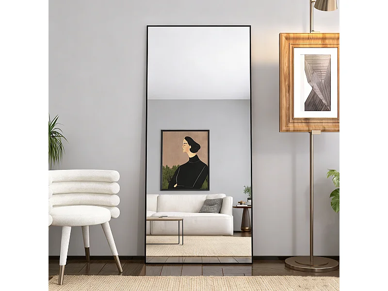 Grand miroir sur pied et mural, rectangulaire plein corps en verre trempé, Miroir Plein Corps Polyvalent pour salon et à la chambre, 80Lx180H cm, noir