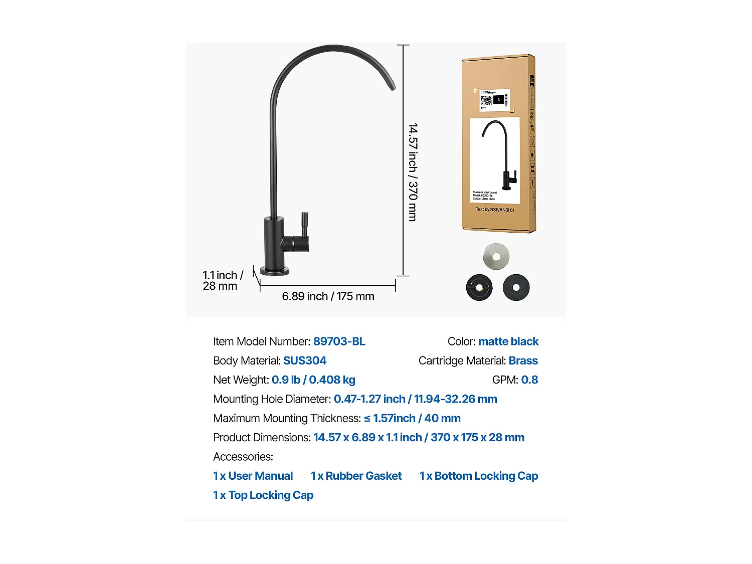 Robinet d’Eau Potable SucceBuy sans Plomb en Acier Inoxydable, Robinet à Osmose Inverse avec Valve en Laiton Massif, Filtrée à Arc Élevé, Pivotant 360°, Noir Mat