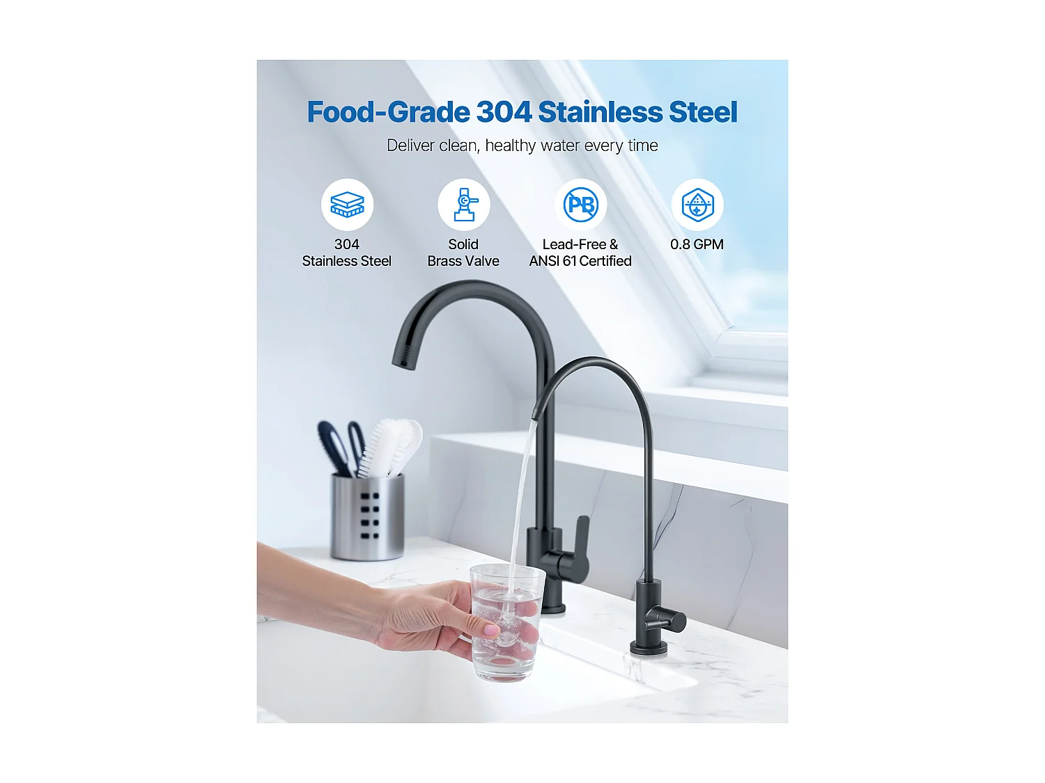 Robinet d’Eau Potable SucceBuy sans Plomb en Acier Inoxydable, Robinet à Osmose Inverse avec Valve en Laiton Massif, Filtrée à Arc Élevé, Pivotant 360°, Noir Mat