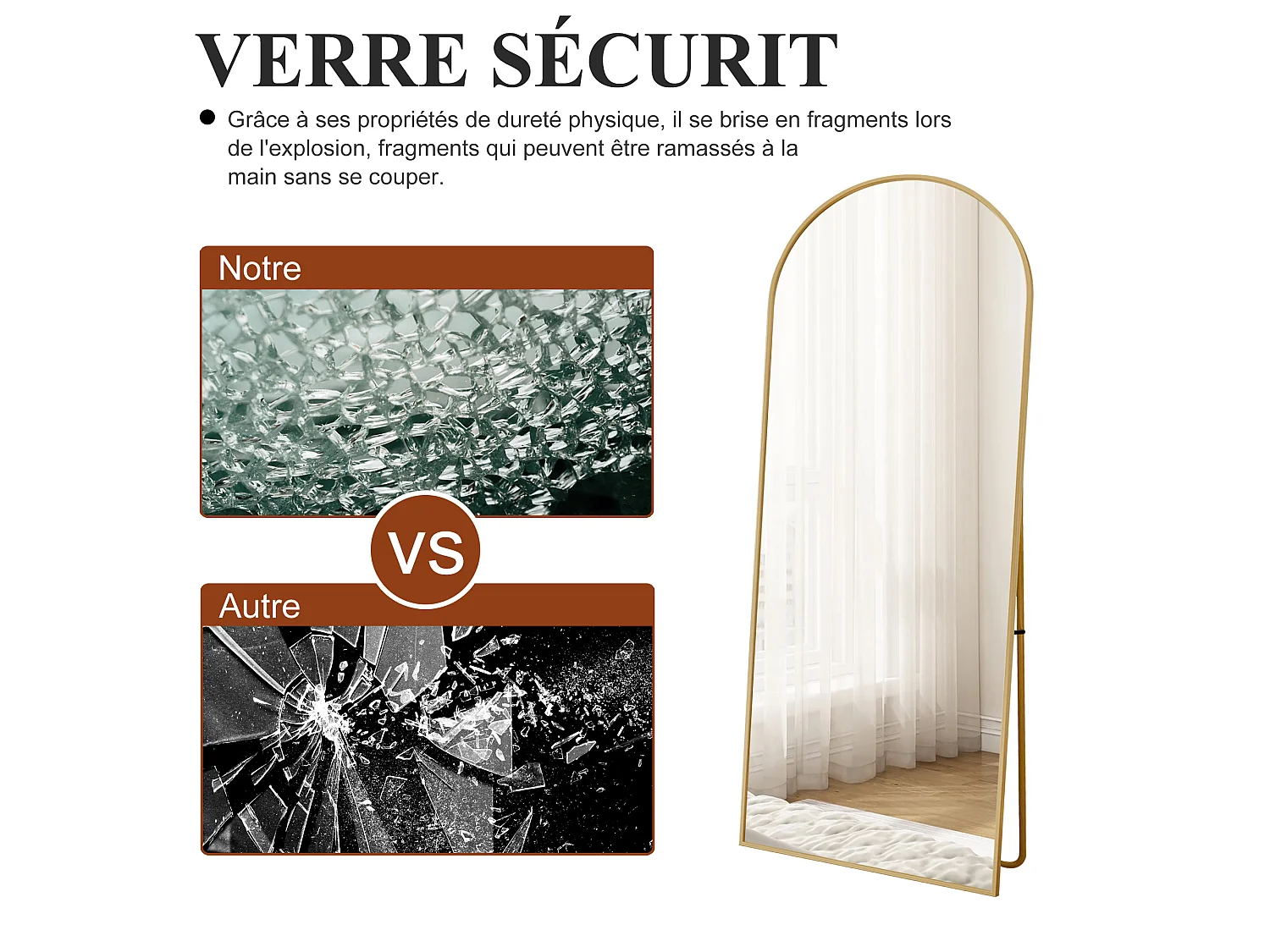 Miroir sur pied - 164 x 54 cm - Cadre aluminium en forme d'arche - or