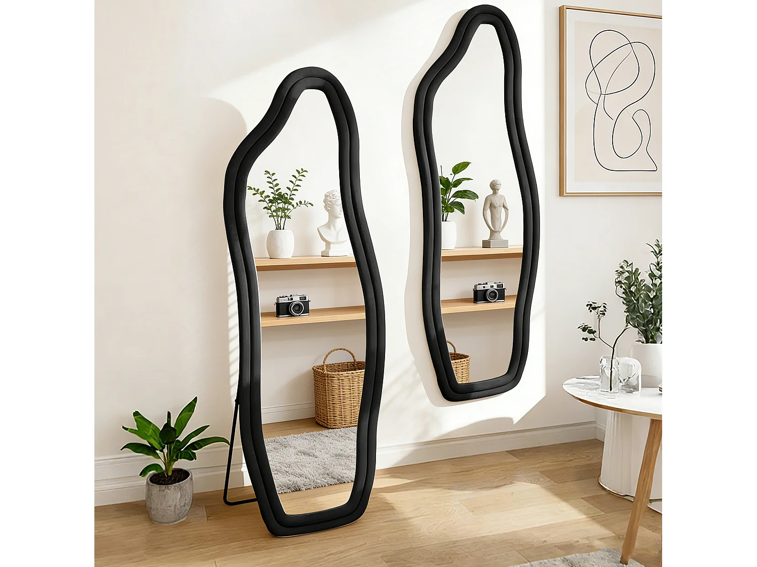 Miroir organique en tissu Velours de cristal, Miroir debout ou mural à forme irrégulière, 140x45 cm, Verre trempé haute définition, noir