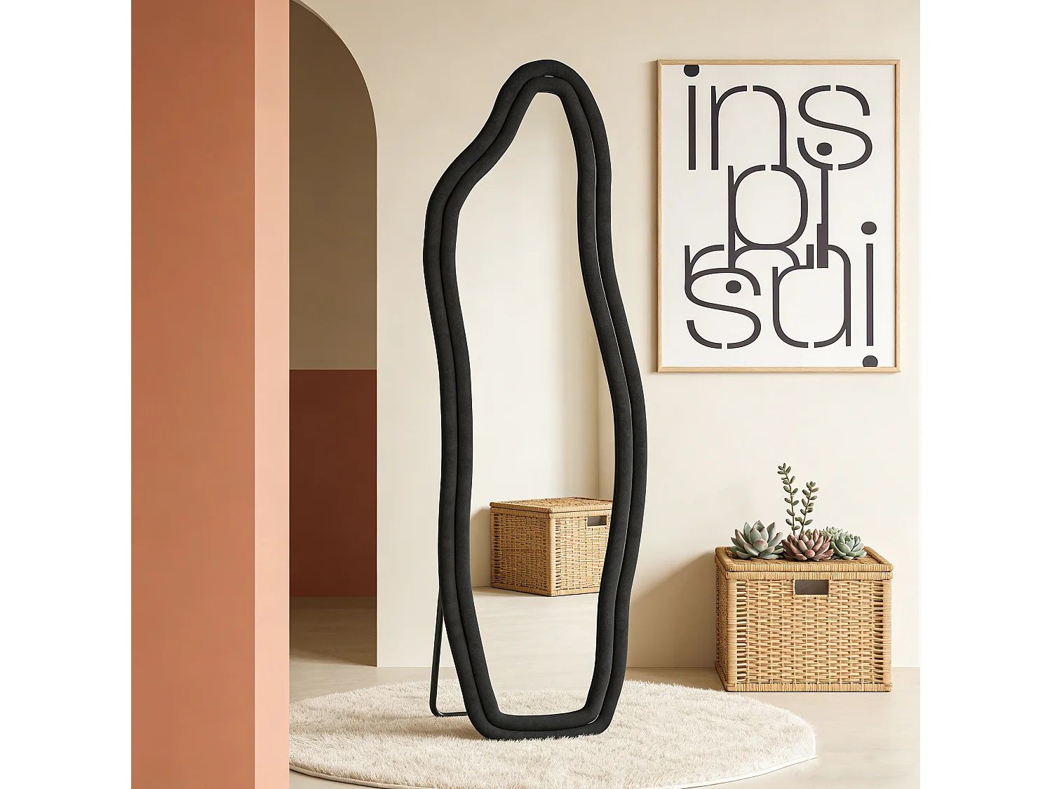 Miroir organique en tissu Velours de cristal, Miroir debout ou mural à forme irrégulière, 140x45 cm, Verre trempé haute définition, noir