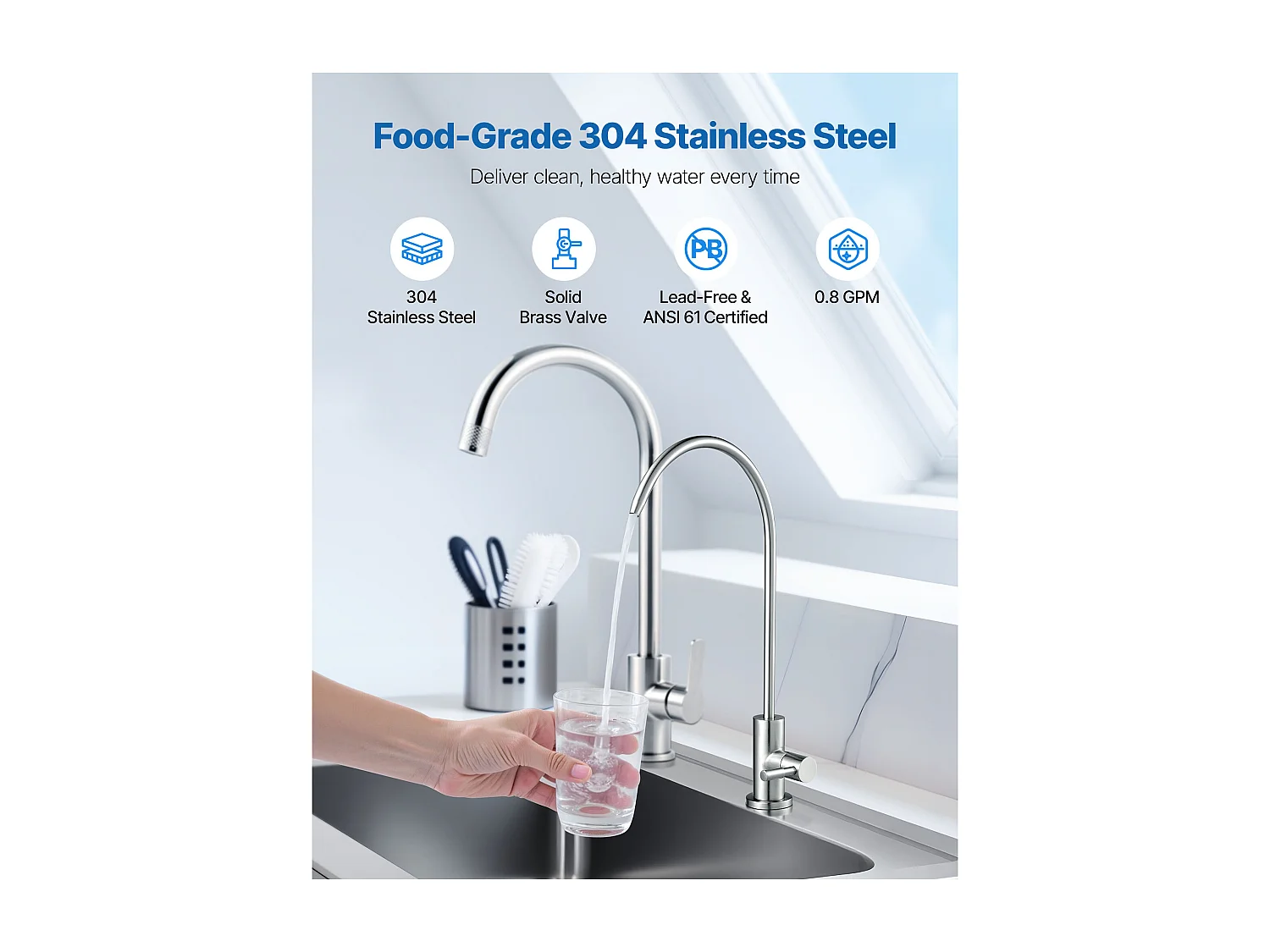 Grifo de Agua Potable SucceBuy sin Plomo en Acero Inoxidable, Grifo de Ósmosis Inversa con Válvula en Latón Macizo, Filtrado de Arco Alto, para Fregadero Cocina