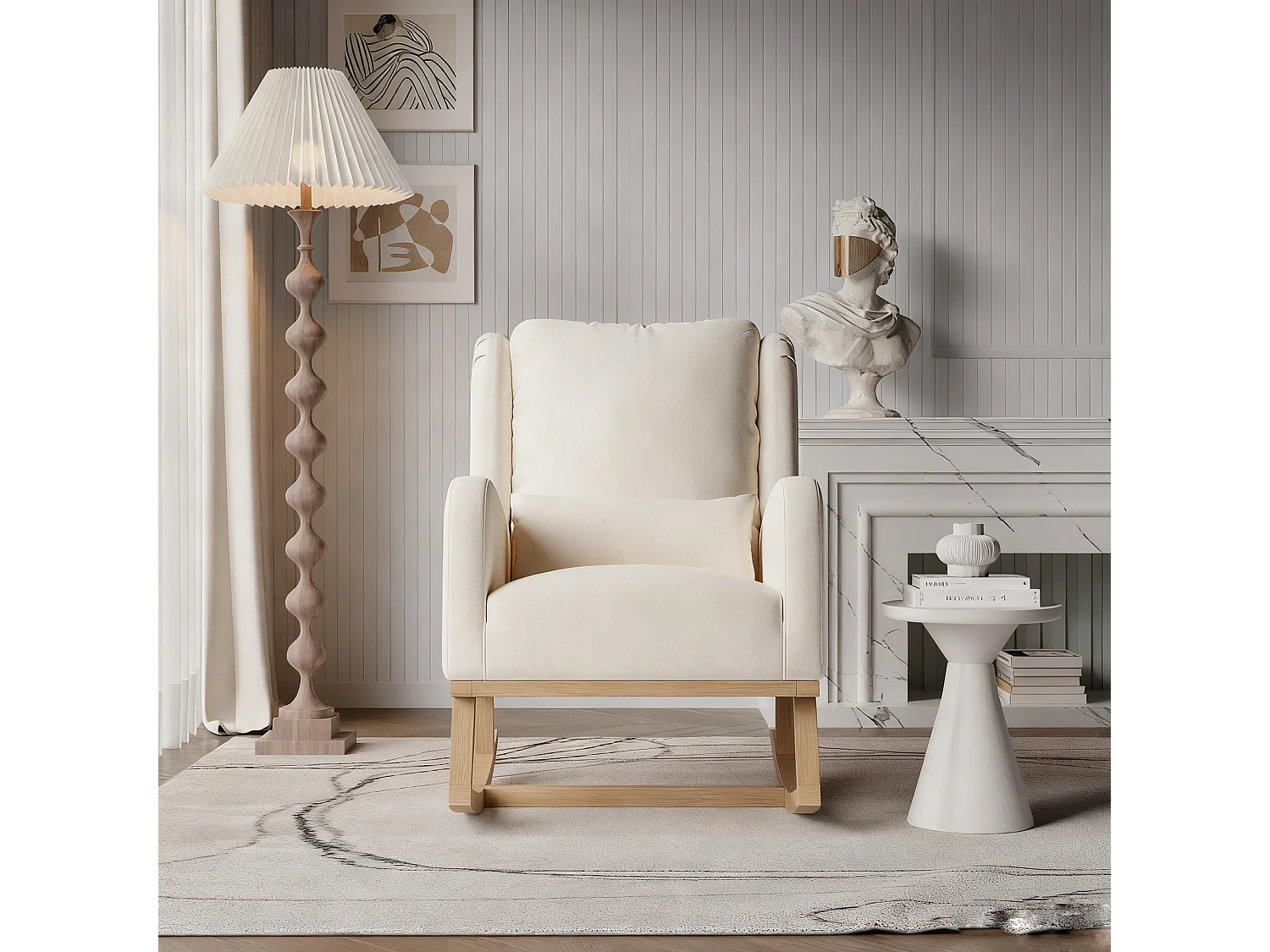 Fauteuil à bascule - Fauteuil De Relaxation dossier haut et accoudoirs - poches latérales - Pieds En Bois - Style Scandinave - lin - beige