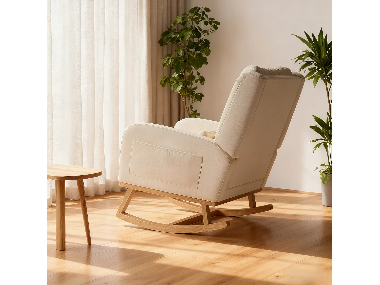 Fauteuil à bascule - Fauteuil De Relaxation dossier haut et accoudoirs - poches latérales - Pieds En Bois - Style Scandinave - lin - beige