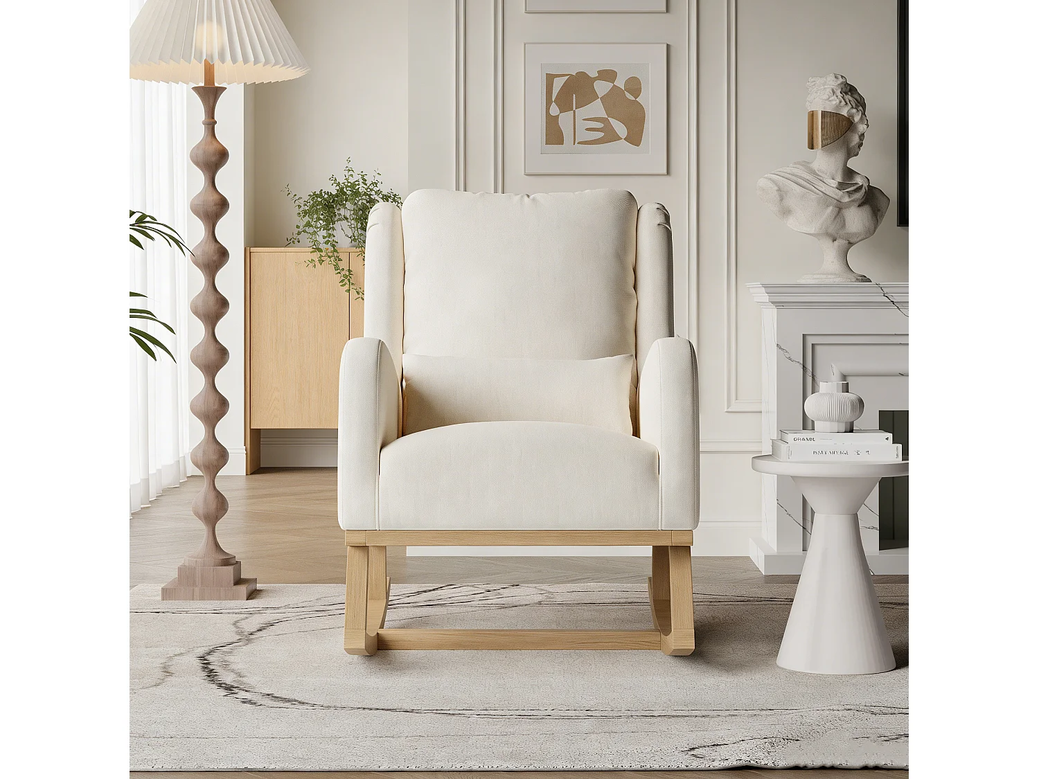 Fauteuil à bascule avec coussin - chaise à bascule dossier haut - poches latérales - Pieds En Bois - Style Scandinave - lin - beige