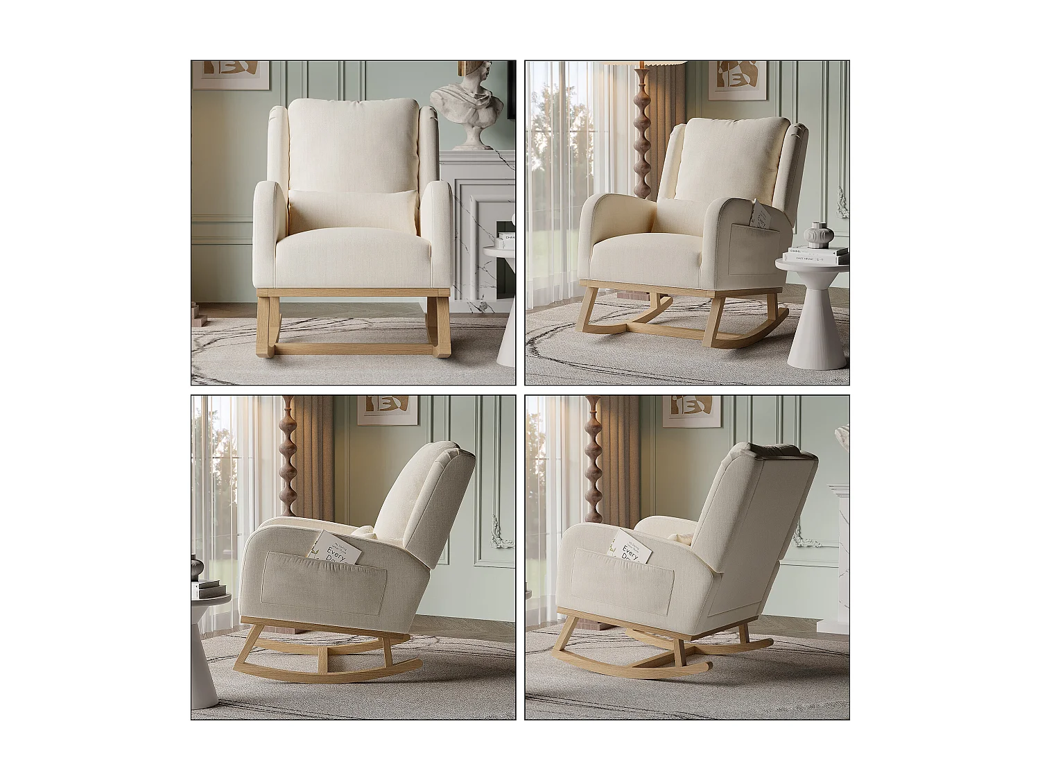 Fauteuil à bascule avec coussin - chaise à bascule dossier haut - poches latérales - Pieds En Bois - Style Scandinave - lin - beige
