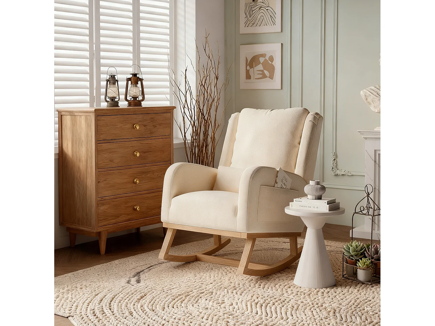 Fauteuil à bascule avec coussin - chaise à bascule dossier haut - poches latérales - Pieds En Bois - Style Scandinave - lin - beige