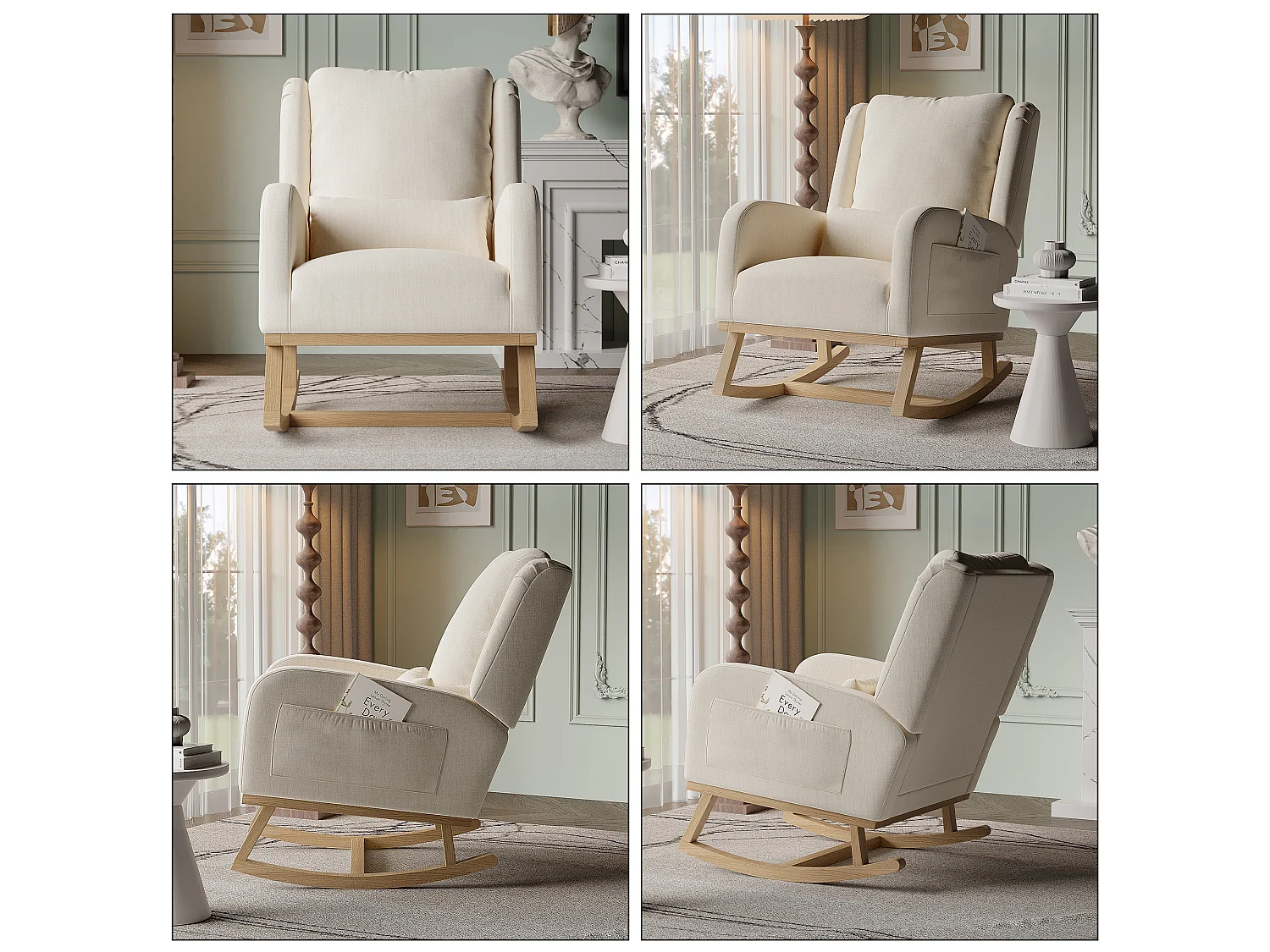 Fauteuil à bascule avec coussin - chaise à bascule dossier haut - poches latérales - Pieds En Bois - Style Scandinave - lin - beige
