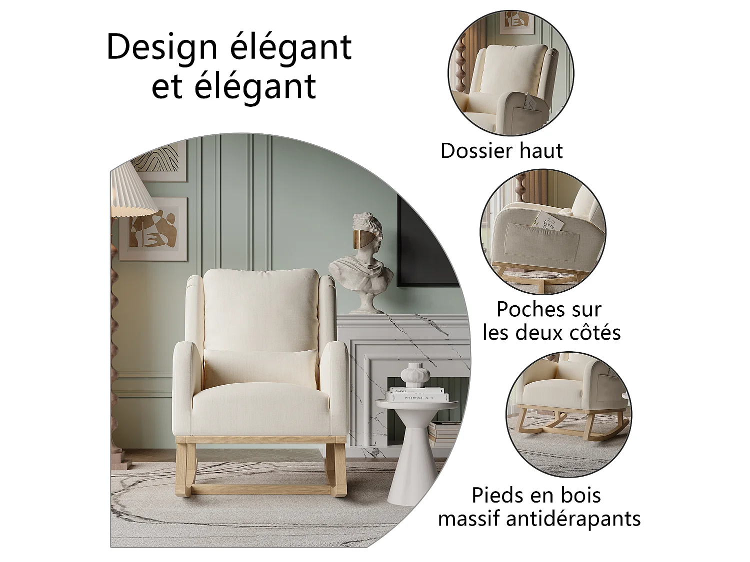 Fauteuil à bascule avec coussin - chaise à bascule dossier haut - poches latérales - Pieds En Bois - Style Scandinave - lin - beige