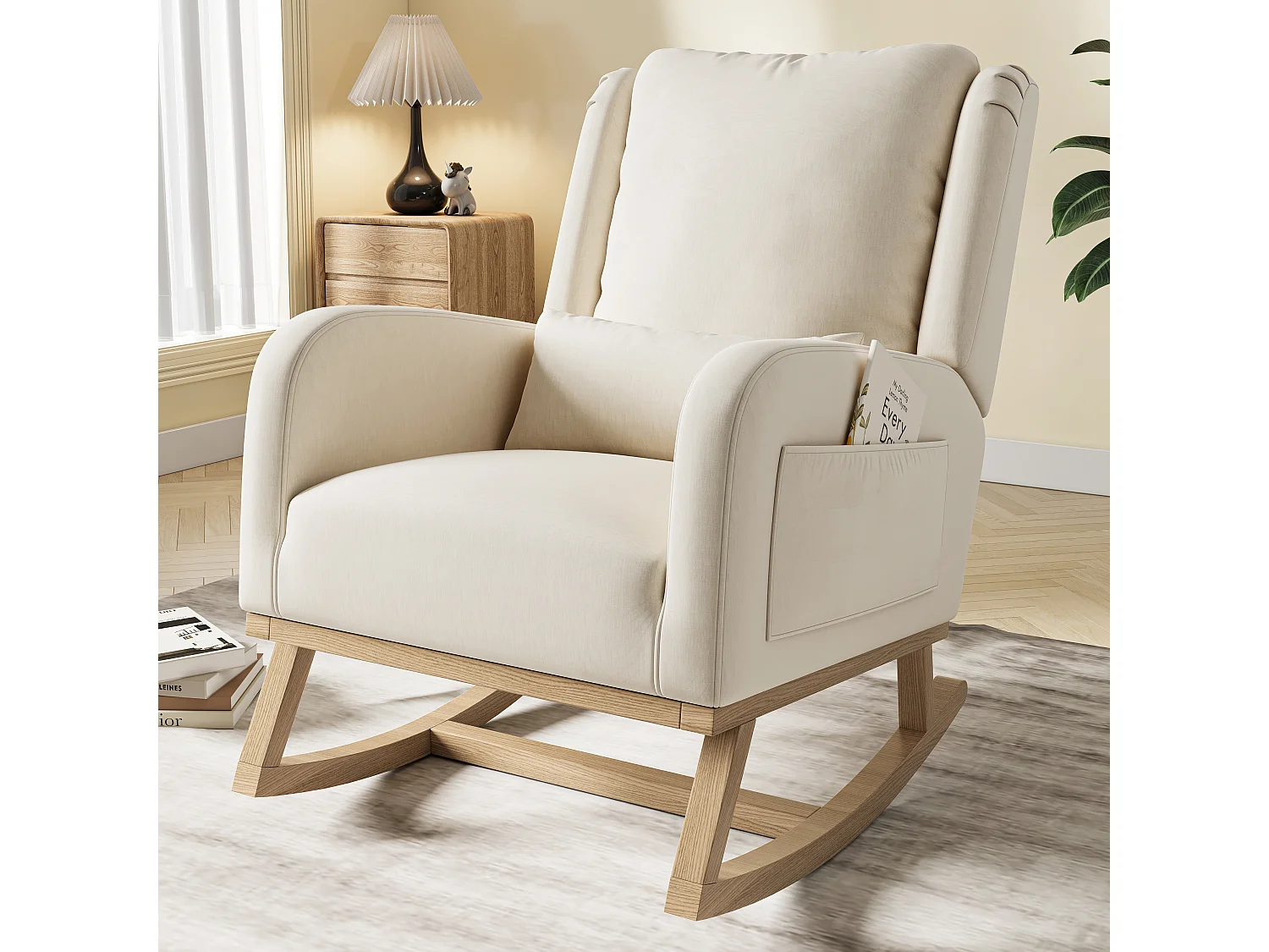 Fauteuil à bascule avec coussin - chaise à bascule dossier haut - poches latérales - Pieds En Bois - Style Scandinave - lin - beige