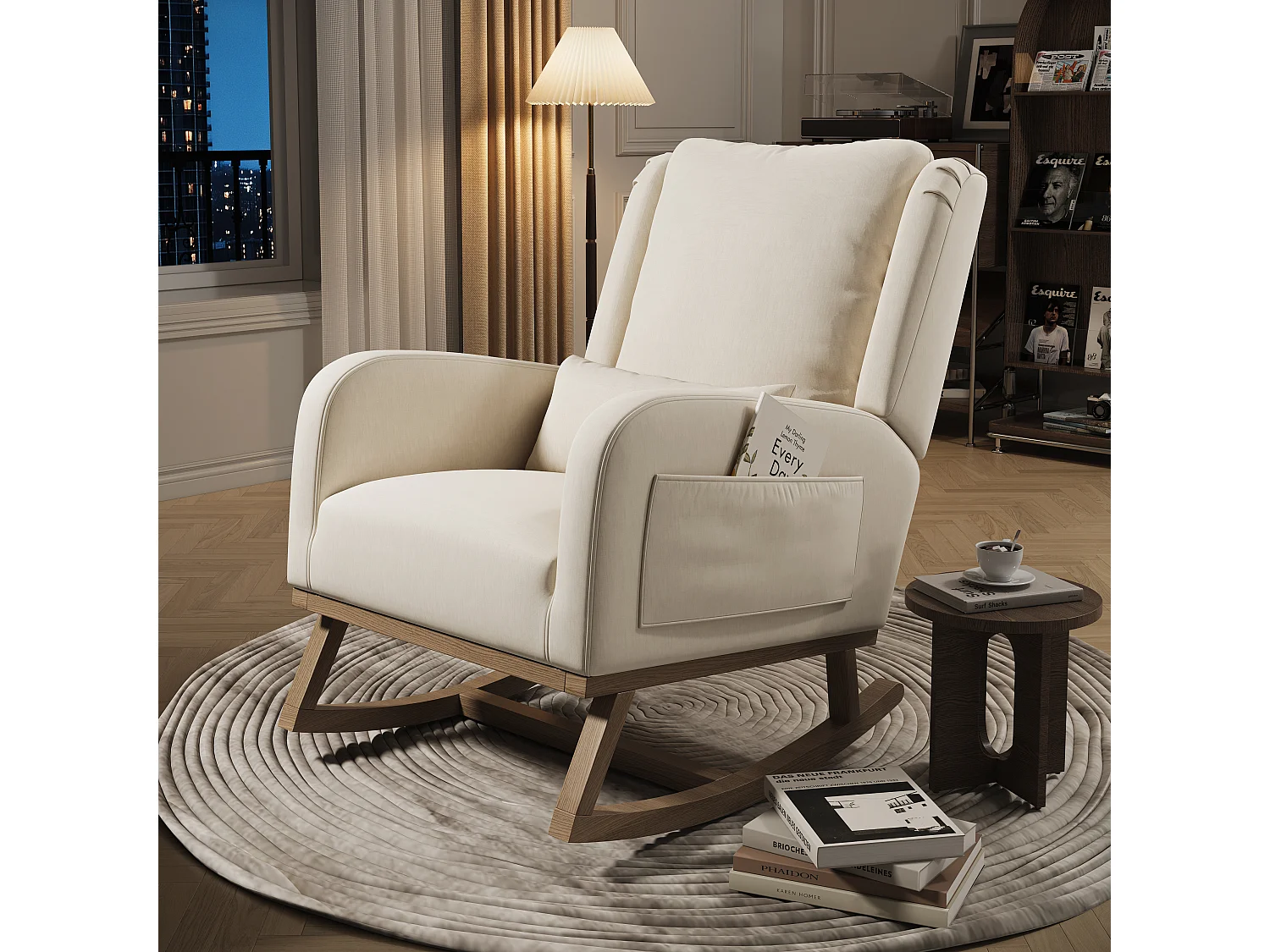 Fauteuil à bascule avec coussin - chaise à bascule dossier haut - poches latérales - Pieds En Bois - Style Scandinave - lin - beige
