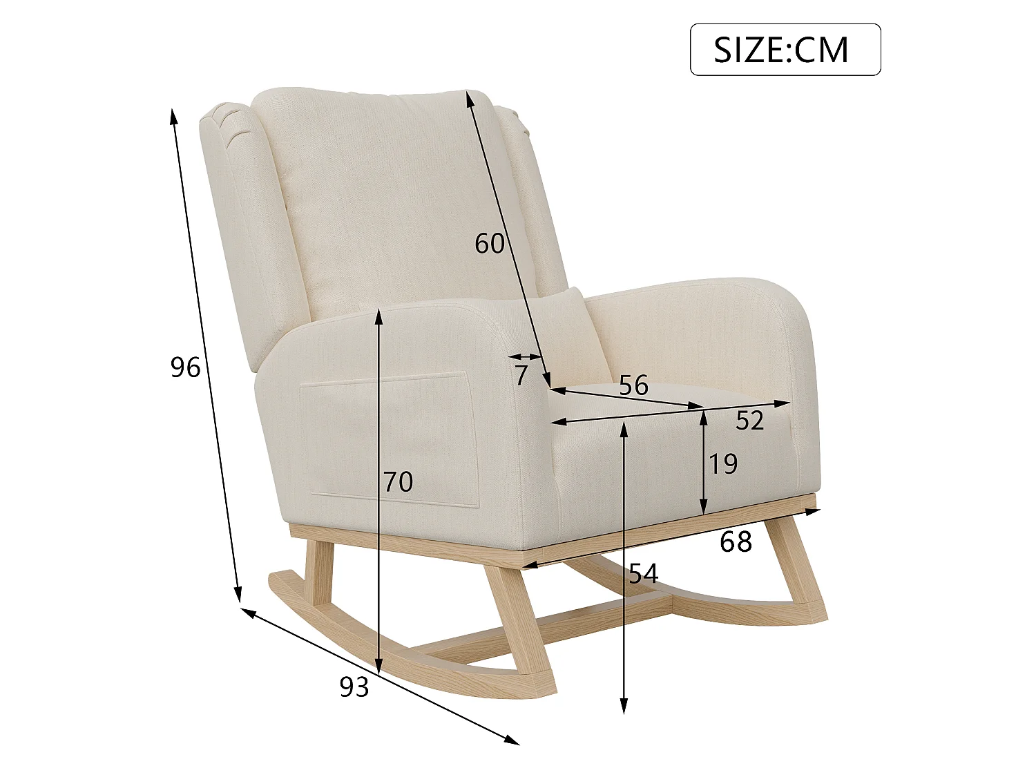 Fauteuil à bascule avec coussin - chaise à bascule dossier haut - poches latérales - Pieds En Bois - Style Scandinave - lin - beige
