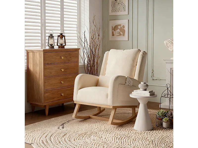 Fauteuil à bascule - Fauteuil De Relaxation dossier haut et accoudoirs - poches latérales - Pieds En Bois - Style Scandinave - lin - beige