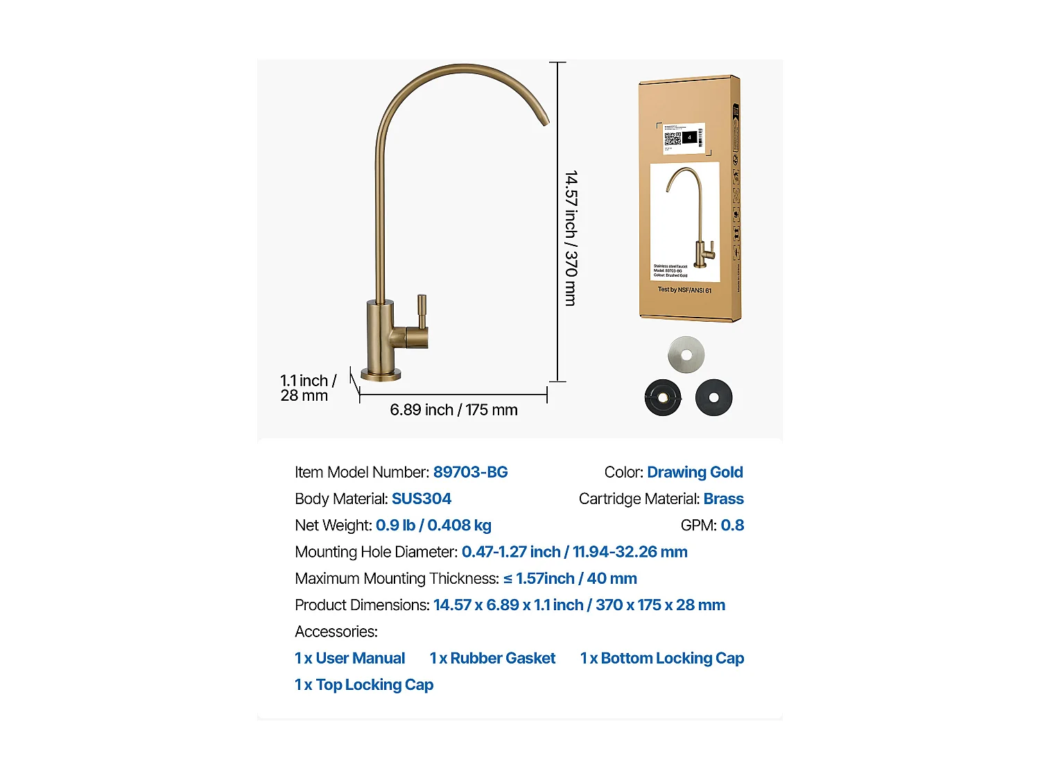 Drinkwaterkraan SucceBuy Loodvrij in Rvs, Omgekeerde Osmose Kraan Roestvrij en Duurzaam met Ventiel uit Massief Messing, voor Keukenwasbak