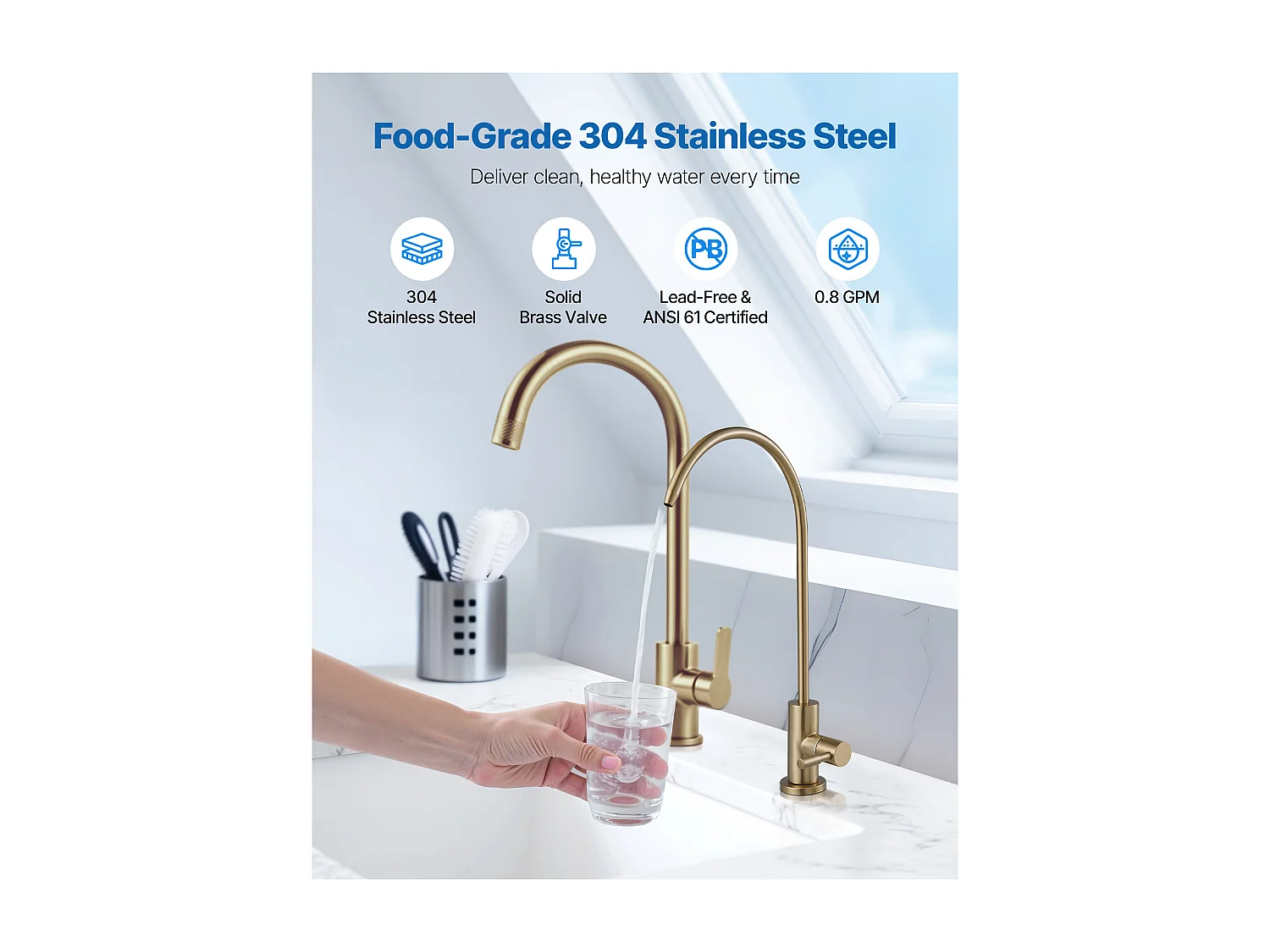 Drinkwaterkraan SucceBuy Loodvrij in Rvs, Omgekeerde Osmose Kraan Roestvrij en Duurzaam met Ventiel uit Massief Messing, voor Keukenwasbak