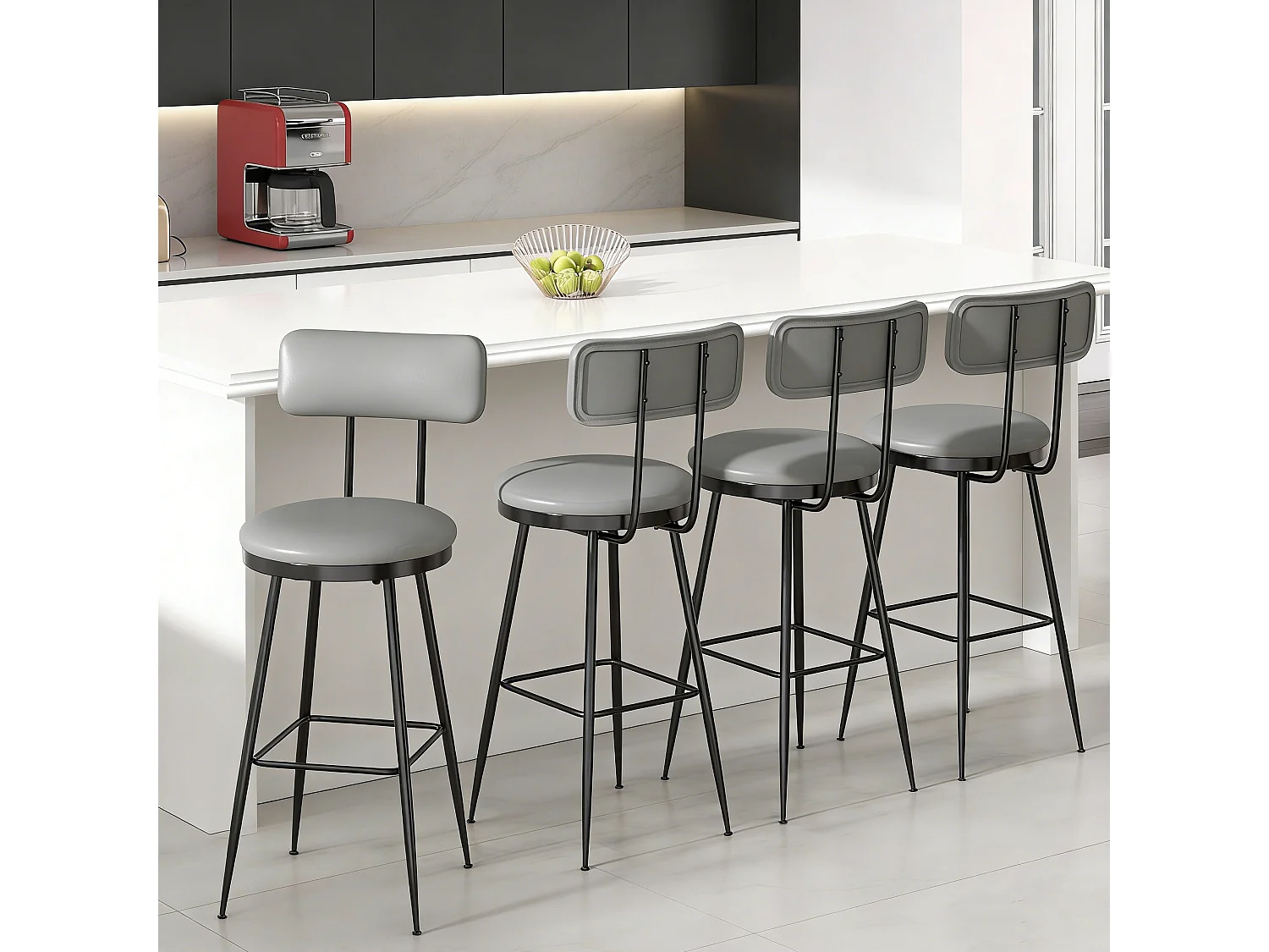 Lot de 4 tabourets de bar - chaises îlot central - montage facile - 85x34 cm - PU - gris