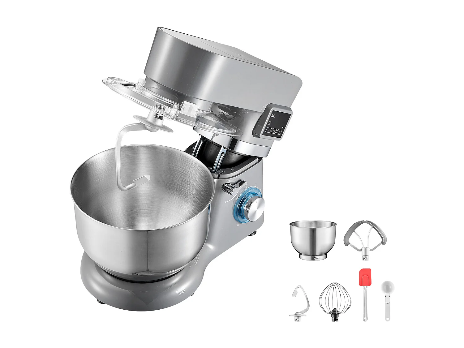 Sorbetière SucceBuy 1,7 L, Robot Pâtissier à 6 Vitesses, avec Écran Numérique LED et Minuterie, Palette de Mélange, Crochet Pétrisseur, Gris