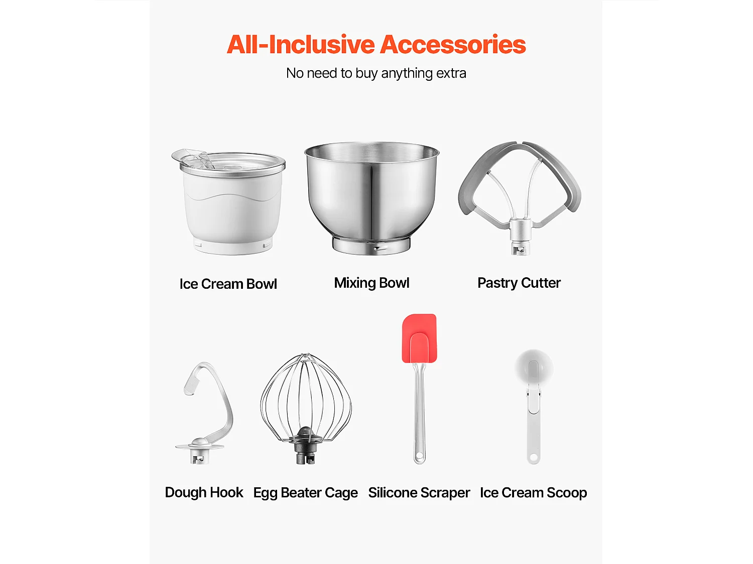 Sorbetière SucceBuy 1,7 L, Robot Pâtissier à 6 Vitesses, avec Écran Numérique LED et Minuterie, Palette de Mélange, Crochet Pétrisseur, Gris