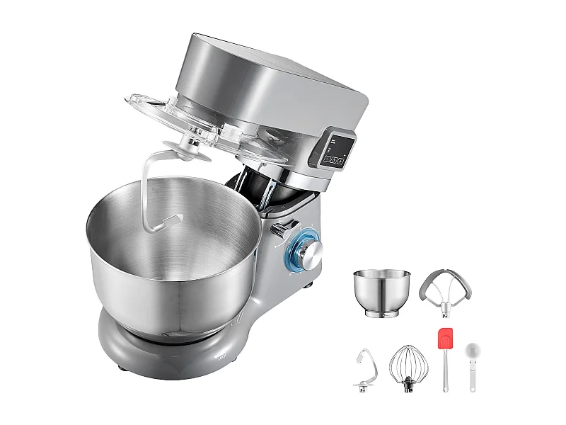 Sorbetière SucceBuy 1,7 L, Robot Pâtissier à 6 Vitesses, avec Écran Numérique LED et Minuterie, Palette de Mélange, Crochet Pétrisseur, Gris