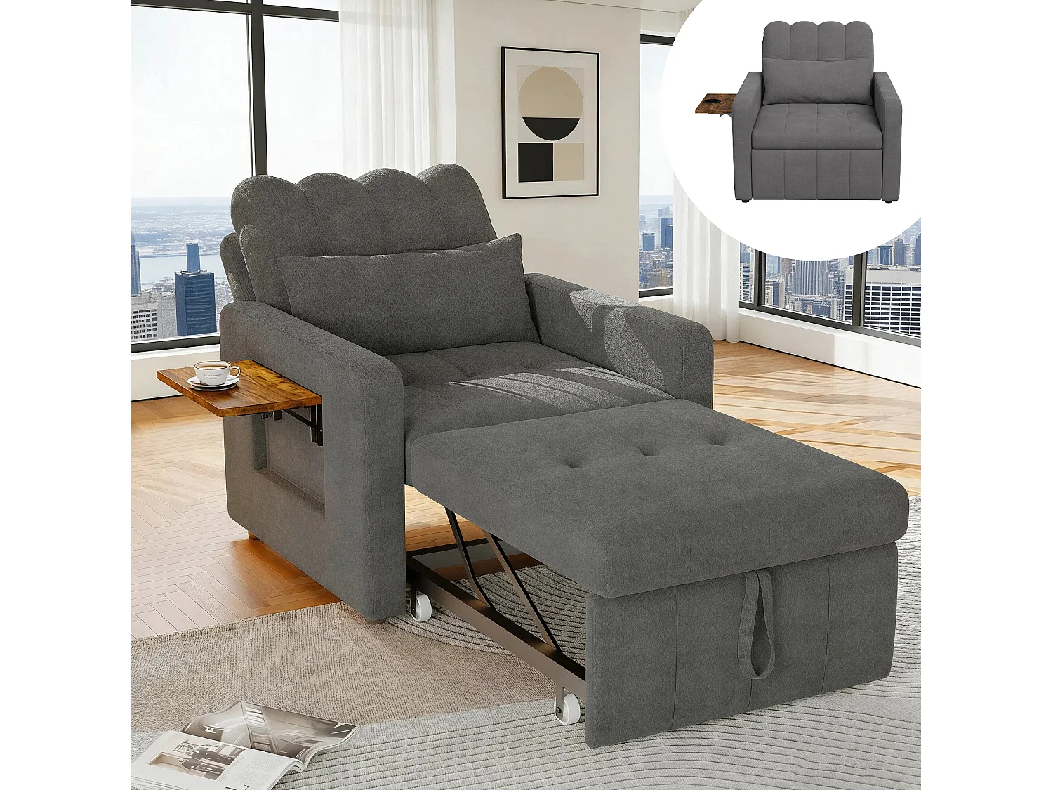 Fauteuil Convertible, Canapé-lit multifonctionnel 3 en 1, chaise longue, dossier réglable, table basse et Poche latérale, gris Chenille