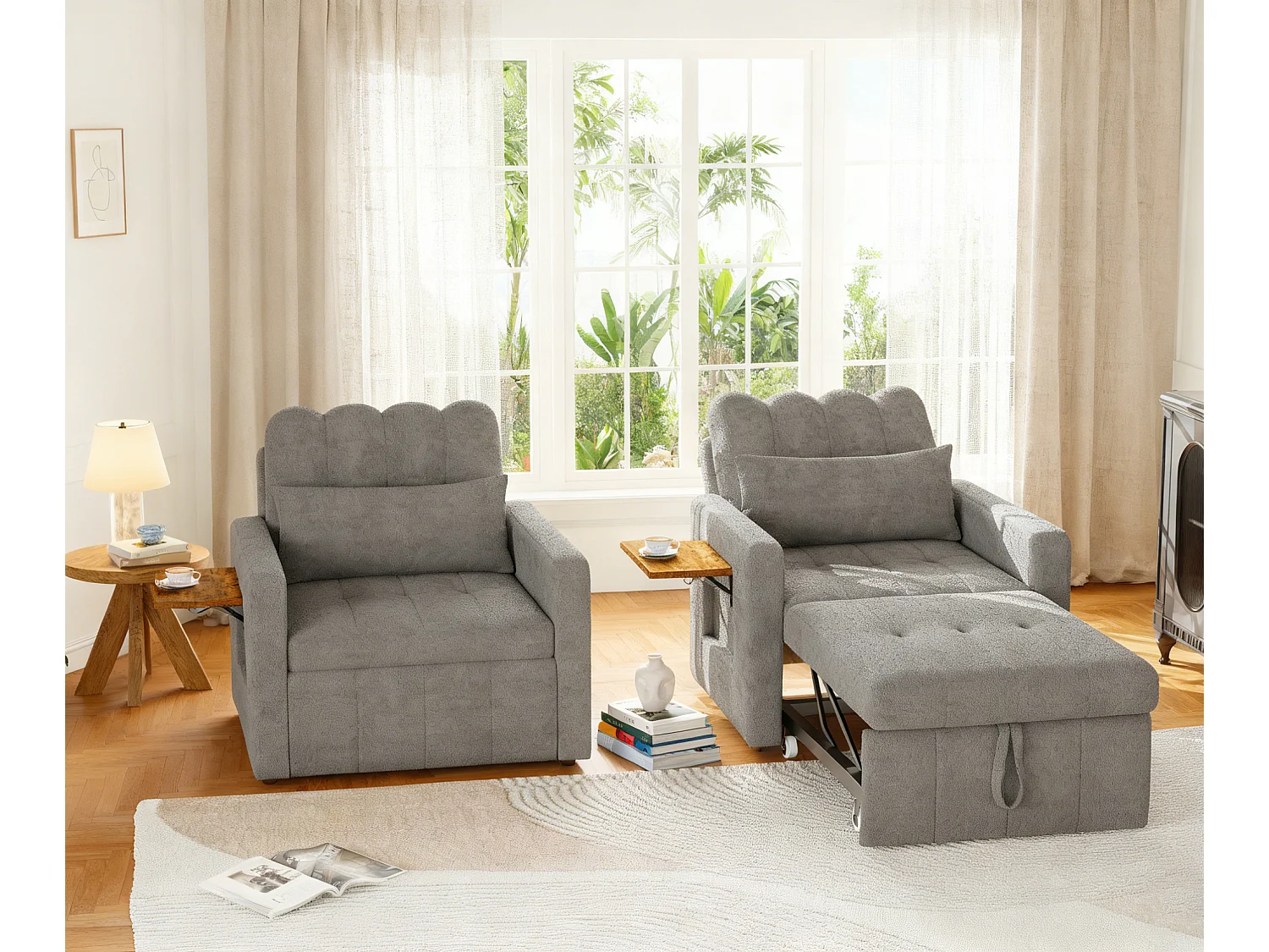 Fauteuil Convertible, Canapé-lit multifonctionnel 3 en 1, chaise longue, dossier réglable, table basse et Poche latérale, gris Chenille