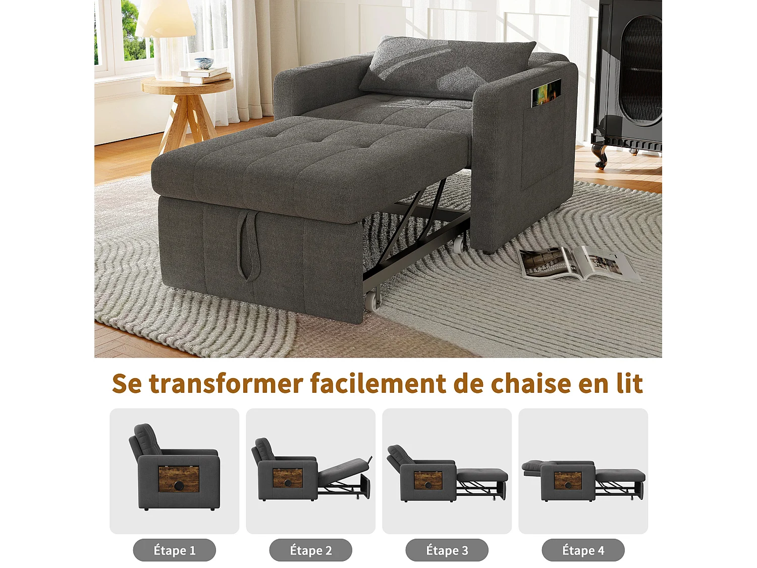 Fauteuil Convertible, Canapé-lit multifonctionnel 3 en 1, chaise longue, dossier réglable, table basse et Poche latérale, gris Chenille