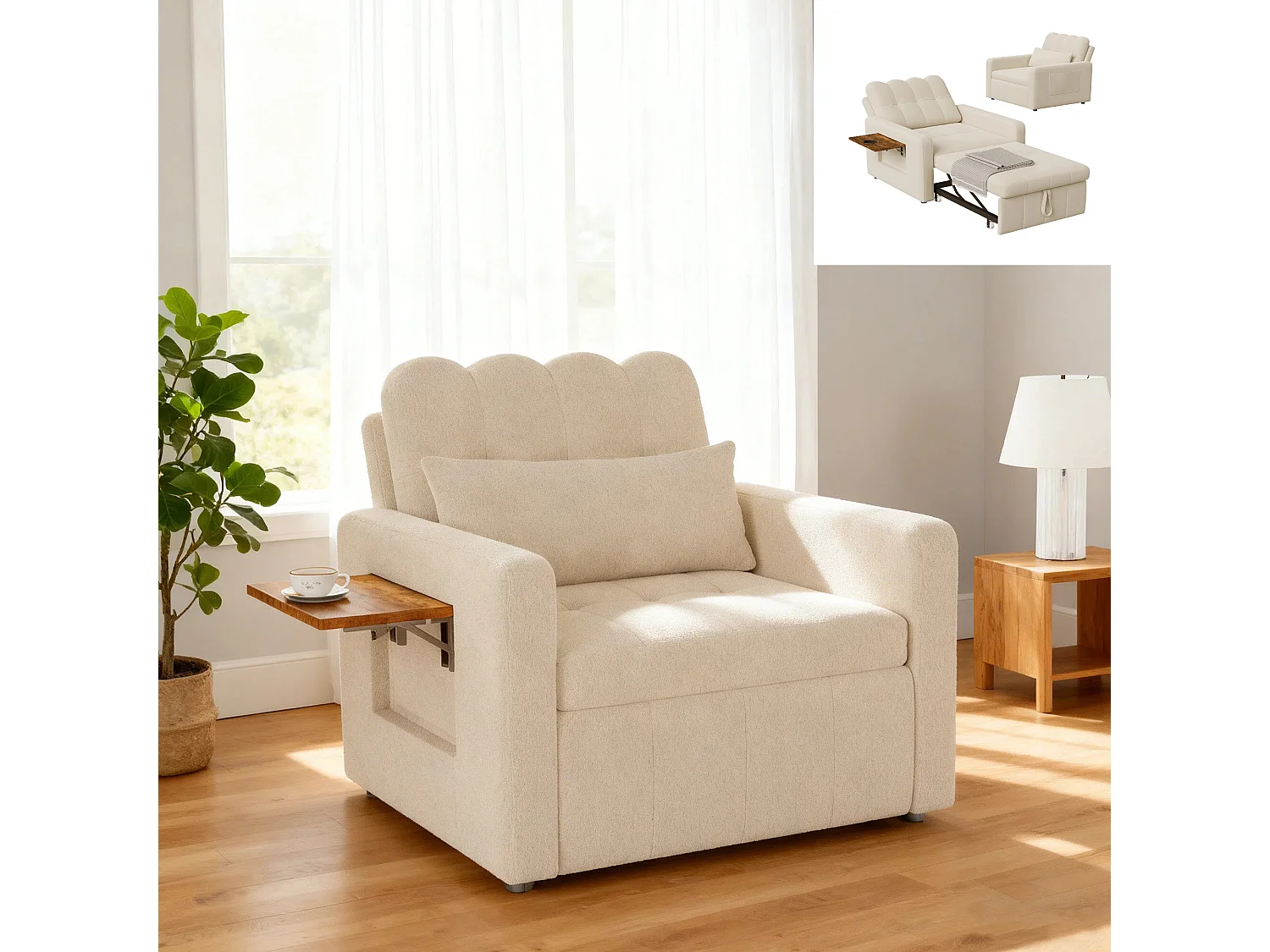 Fauteuil Convertible,Canapé-lit multifonctionnel 3 en 1,chaise longue,dossier réglable, table basse et Poche latérale , beige Chenille