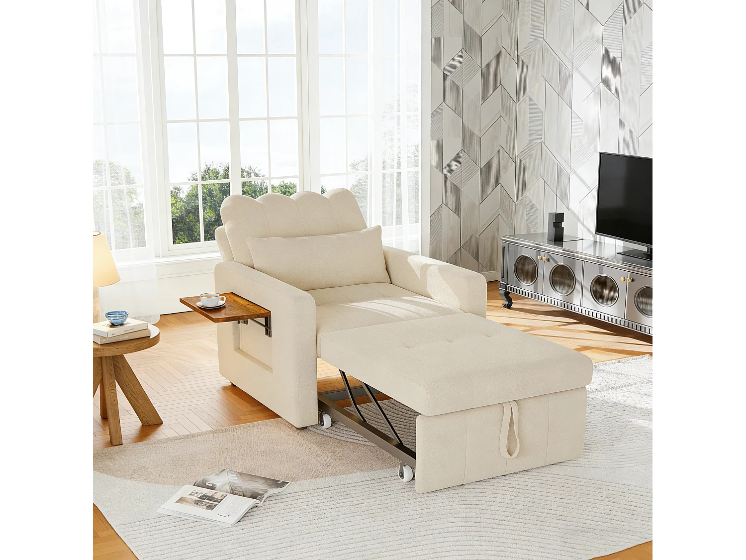 Fauteuil Convertible,Canapé-lit multifonctionnel 3 en 1,chaise longue,dossier réglable, table basse et Poche latérale , beige Chenille