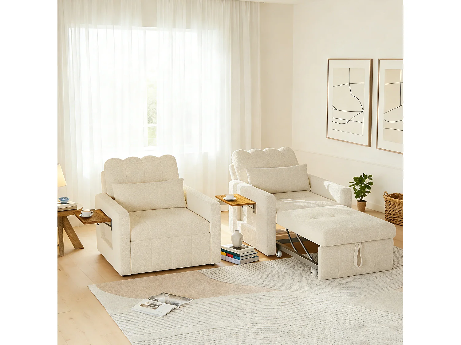 Fauteuil Convertible,Canapé-lit multifonctionnel 3 en 1,chaise longue,dossier réglable, table basse et Poche latérale , beige Chenille