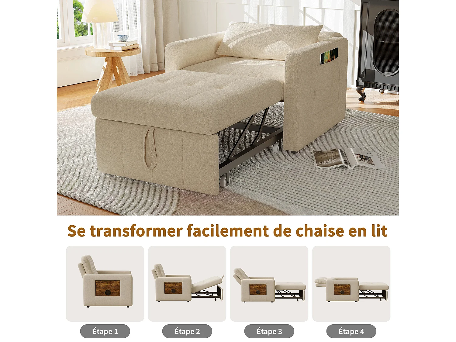 Fauteuil Convertible,Canapé-lit multifonctionnel 3 en 1,chaise longue,dossier réglable, table basse et Poche latérale , beige Chenille